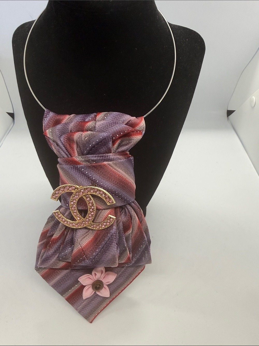 CHANEL Purple and Pink Striped Scarf Necklace with Rhinestone CC Brooch